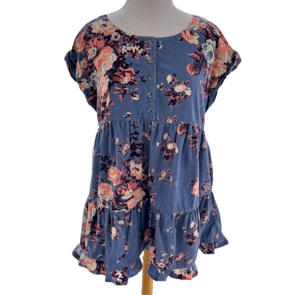 Free People Harper Small Floral Corduroy Baby Doll Mini Dress Blue Oversized